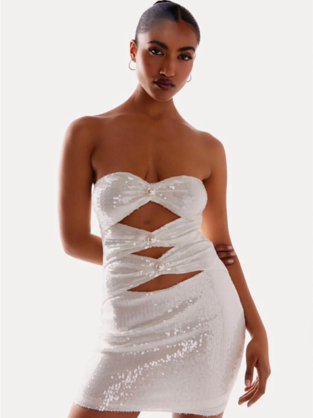 Peppermayo Strapless White Sequin Cutout Mini Dress